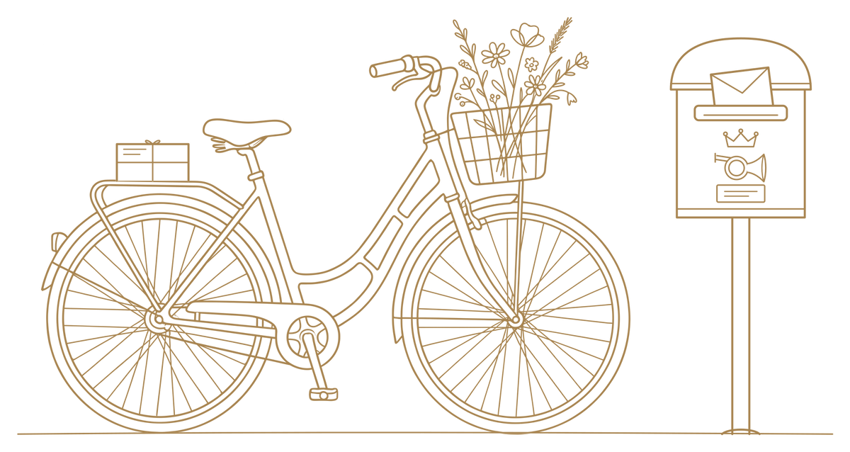 Stregtegning af en dansk cykel med blomster i kurven ved siden af en klassisk dansk postkasse med et brev i sprækken