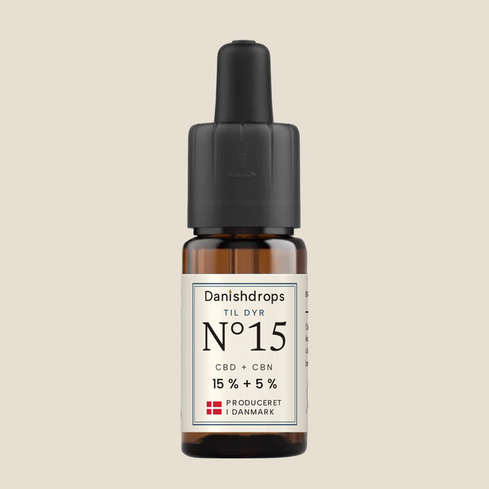 Danishdrops N°15 til dyr – CBD-dråber til hund og kat med 15 % CBD og 5 % CBN i lakseolie, 10 ml flaske