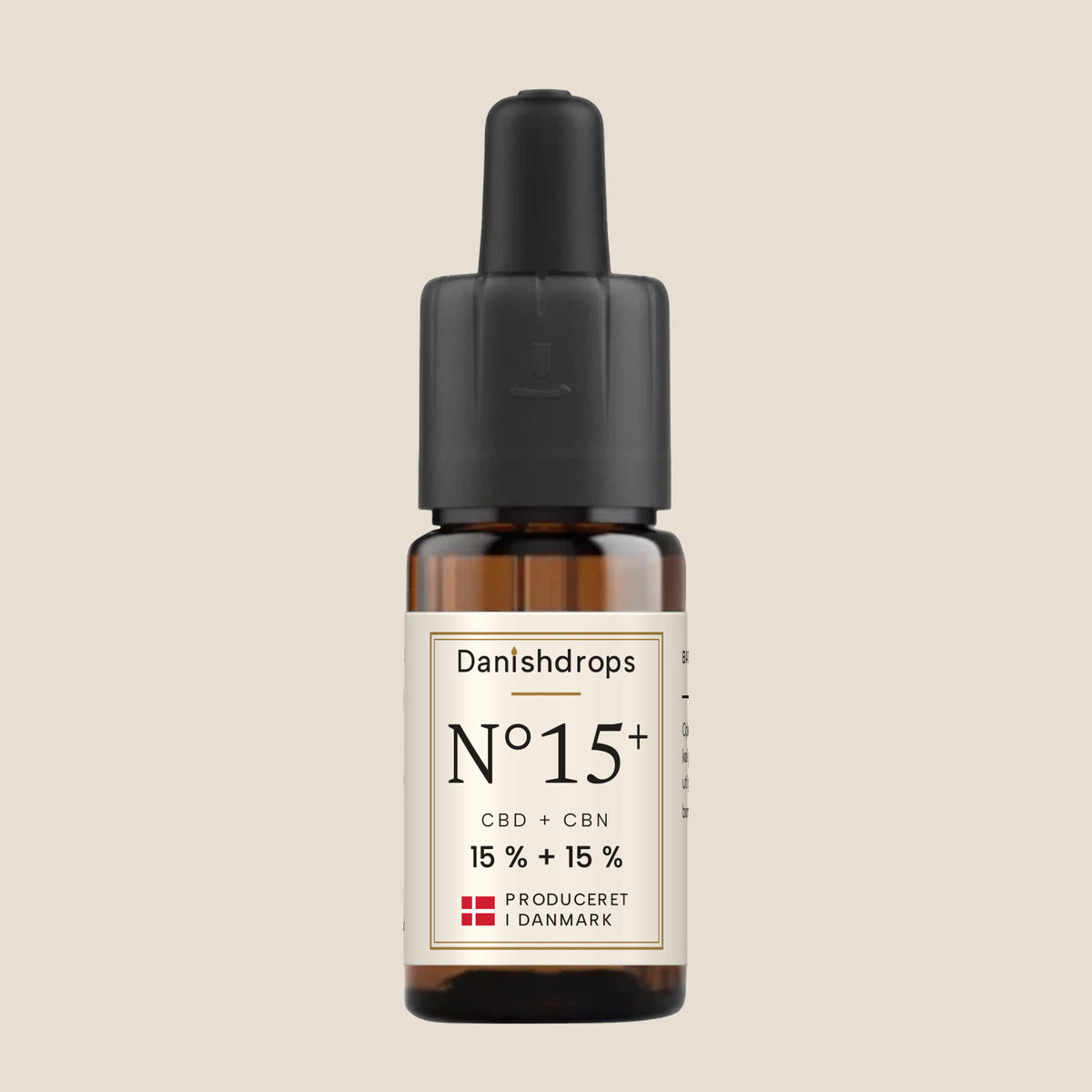 Danishdrops N°15+, CBD- og CBN-dråber 15 % + 15 % i MCT-olie, 10 ml flaske, produceret i Danmark